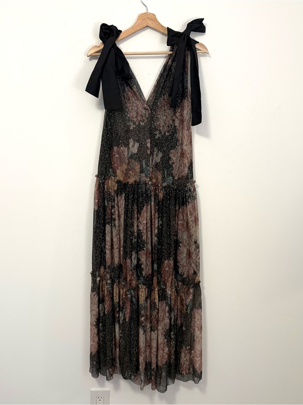 Bishop + Young Floral Metallic Maxi Dress Size S Black Tie Strap Tiered Evening